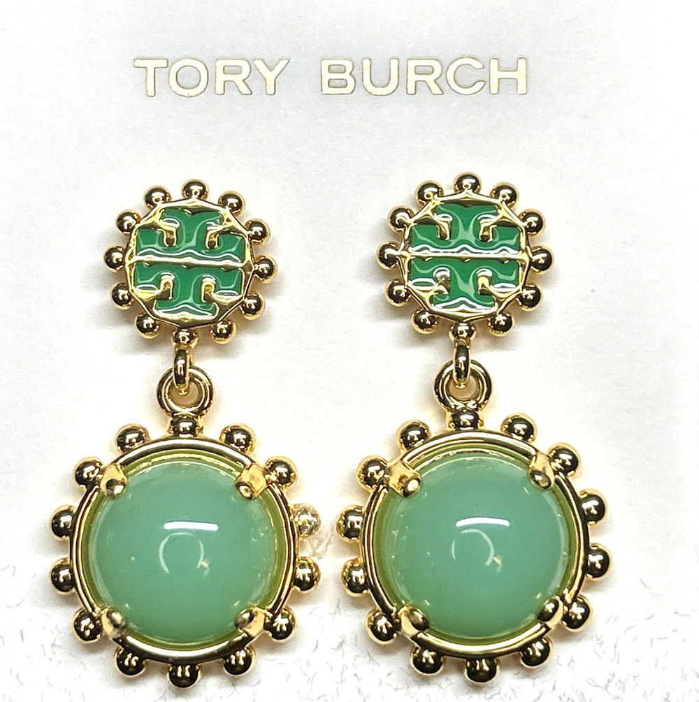 Tory Burch Winslow Green Enamel Drop Earrings Gold Mint Cabochon NWT